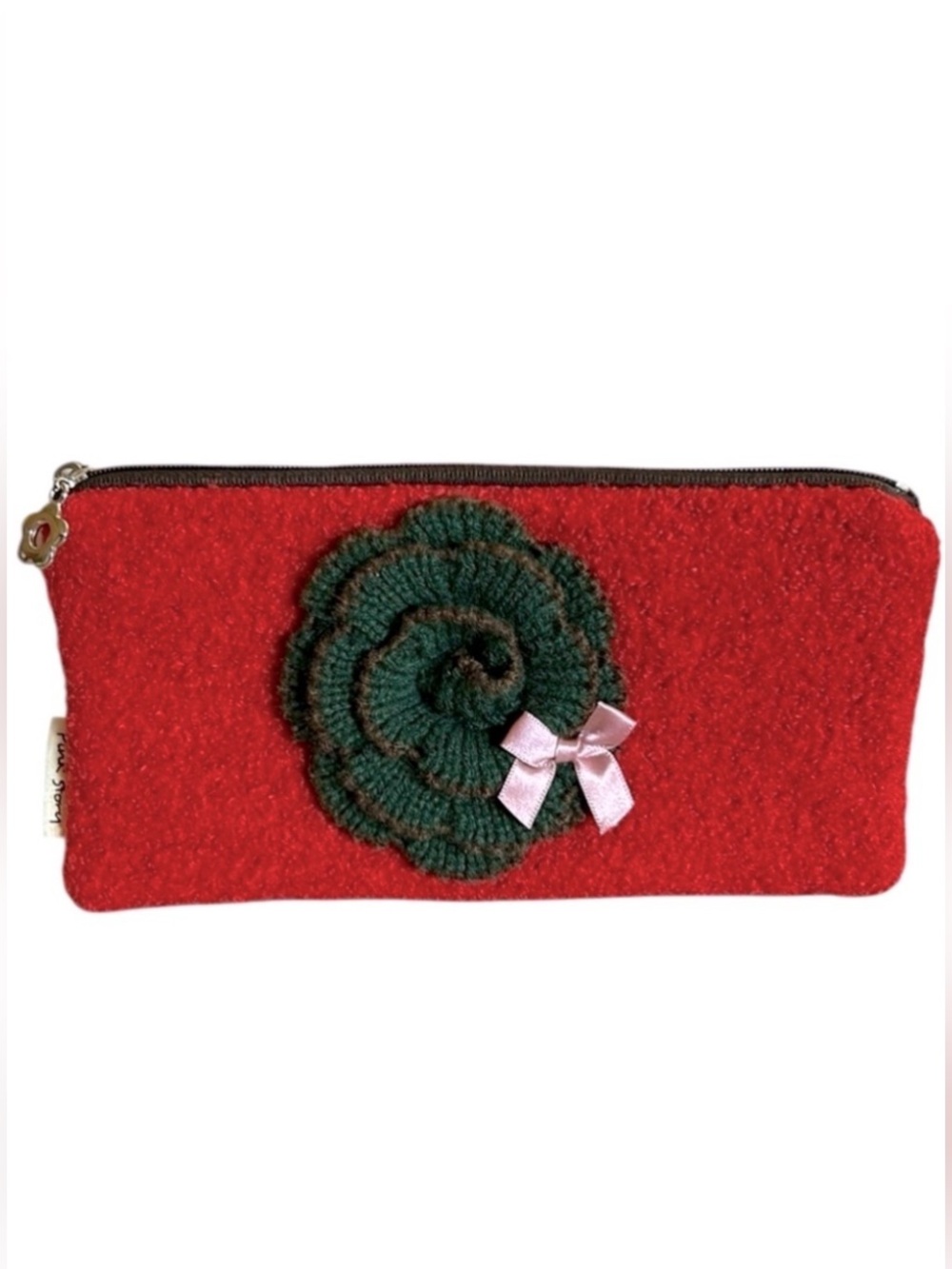 Pink Story Felted Wool Clutch Pouch in Burnt Orange with Knit Flower Accent